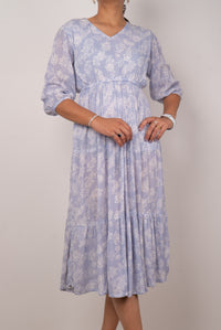 Powder Blue Paisley Print Tiered Dress