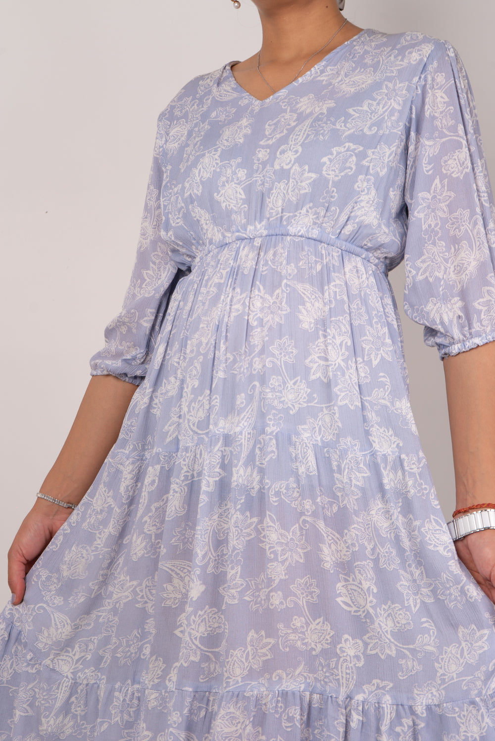Powder Blue Paisley Print Tiered Dress