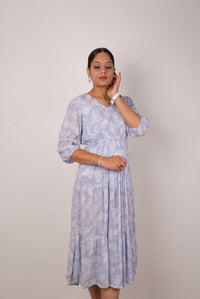 Powder Blue Paisley Print Tiered Dress
