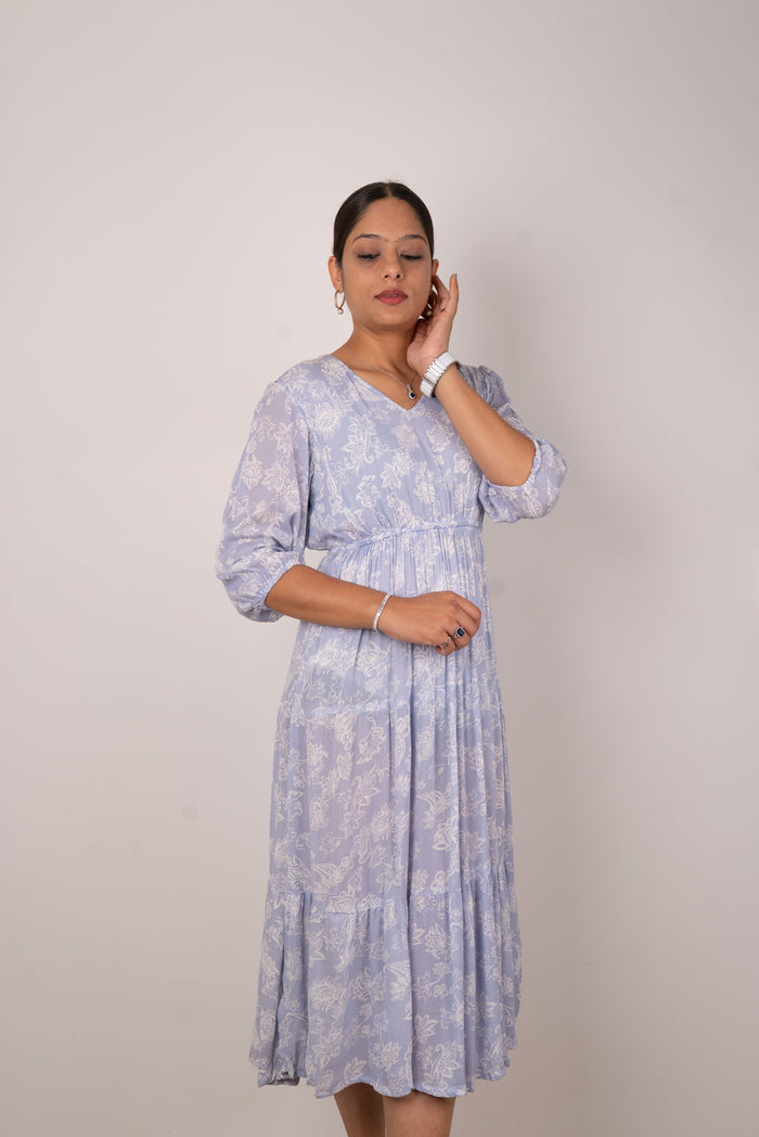 Powder Blue Paisley Print Tiered Dress