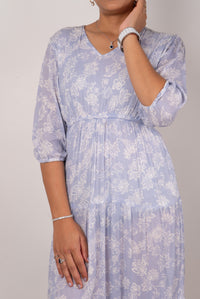 Powder Blue Paisley Print Tiered Dress