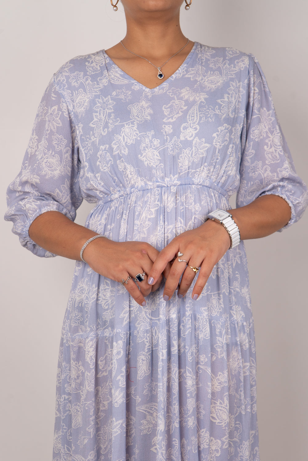 Powder Blue Paisley Print Tiered Dress