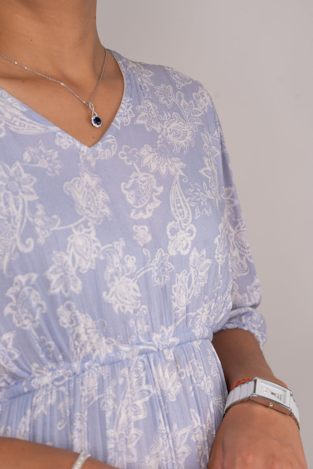 Powder Blue Paisley Print Tiered Dress