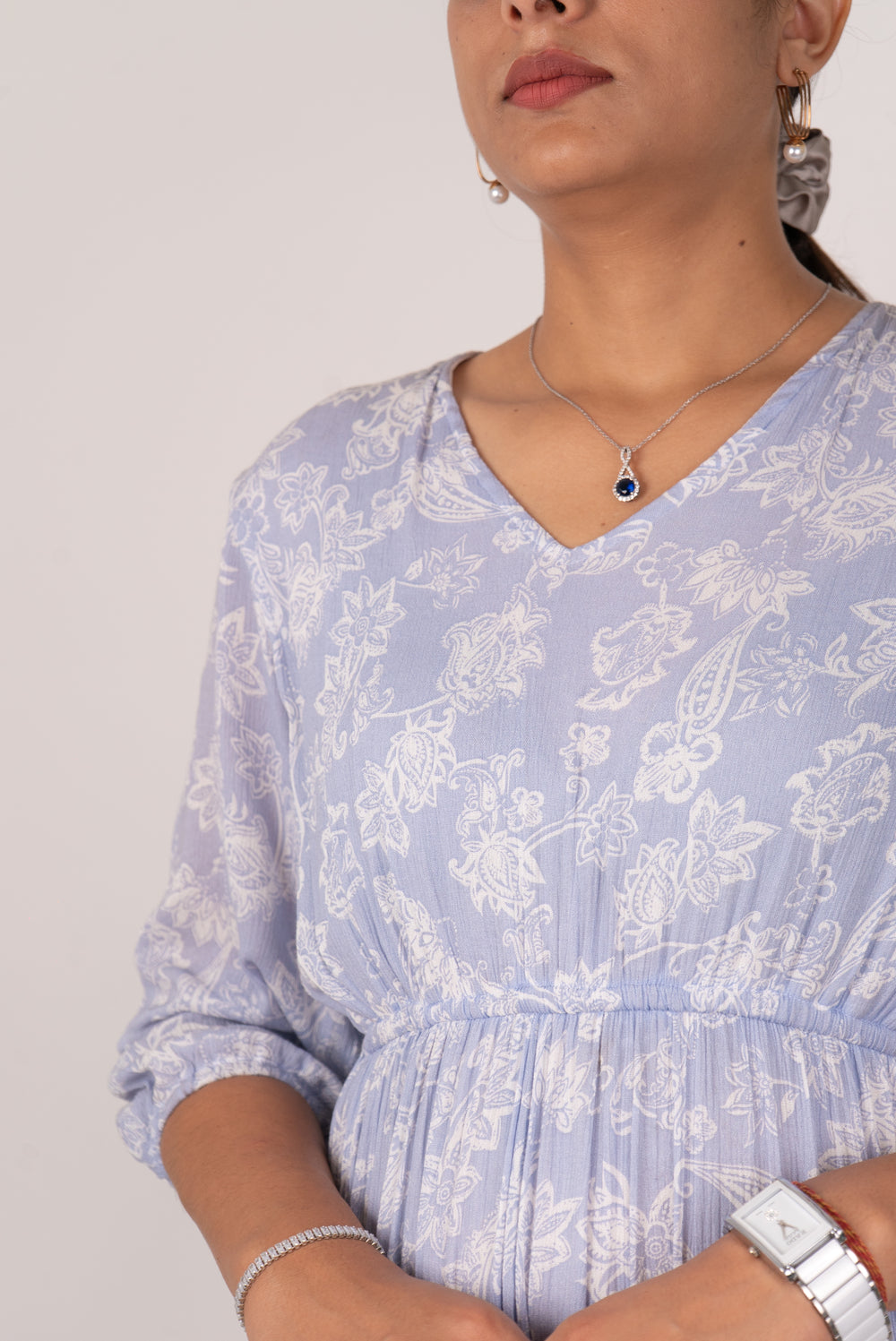 Powder Blue Paisley Print Tiered Dress