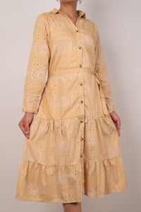 Sand Beige Eyelet Print Tiered Shirt Dress