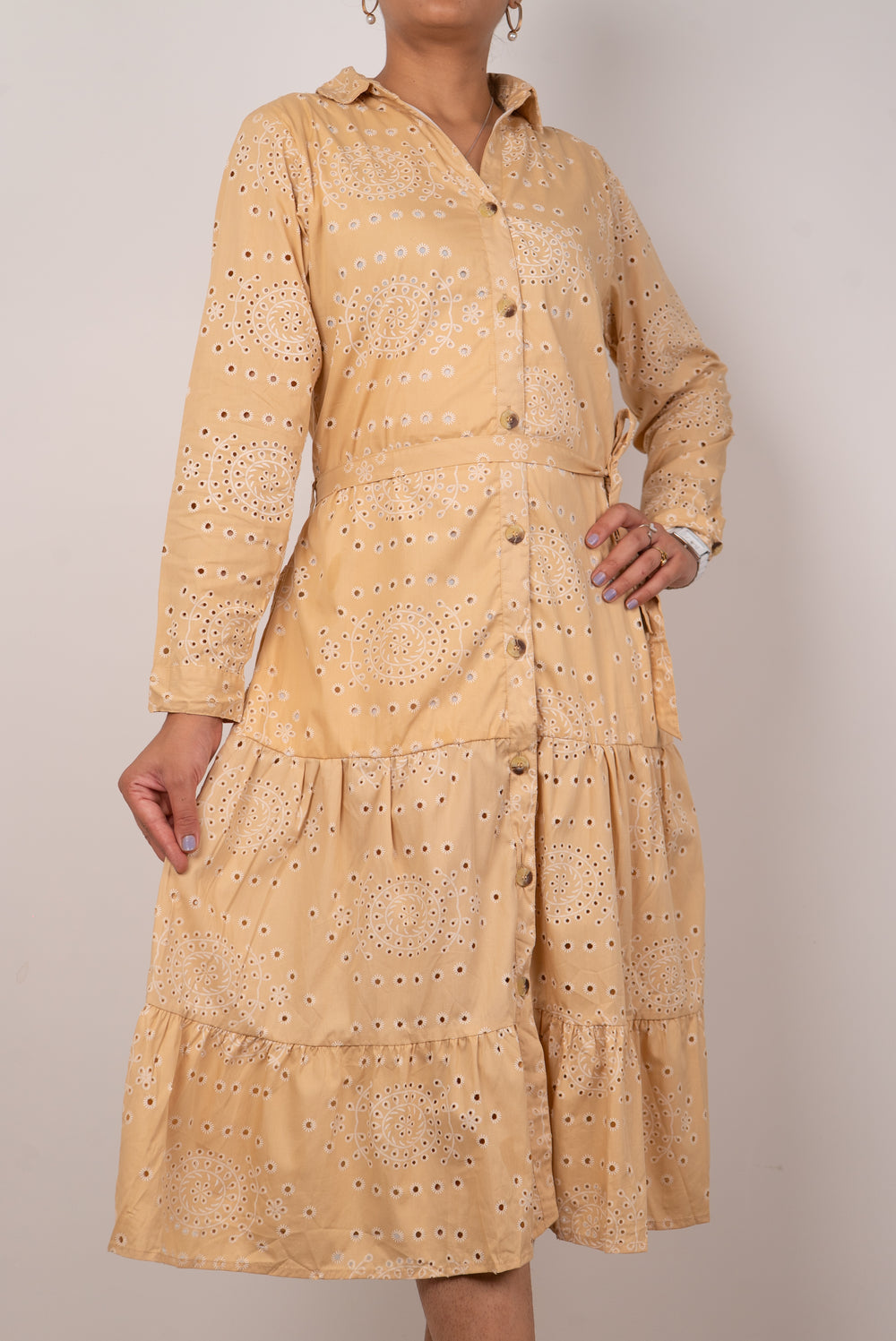 Sand Beige Eyelet Print Tiered Shirt Dress