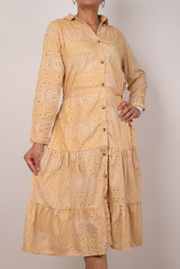 Sand Beige Eyelet Print Tiered Shirt Dress
