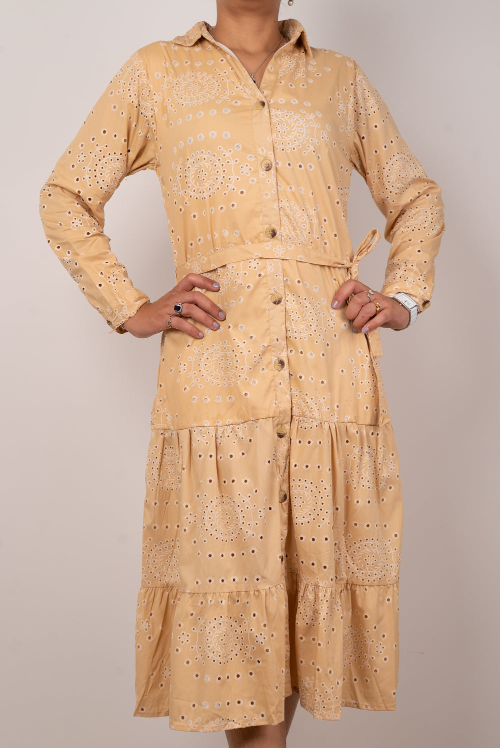 Sand Beige Eyelet Print Tiered Shirt Dress