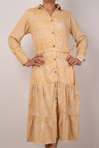 Sand Beige Eyelet Print Tiered Shirt Dress
