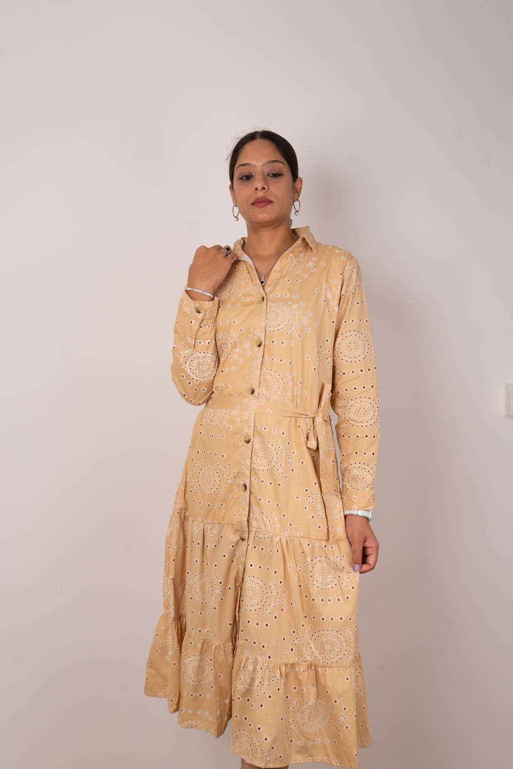 Sand Beige Eyelet Print Tiered Shirt Dress
