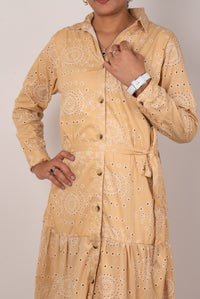 Sand Beige Eyelet Print Tiered Shirt Dress
