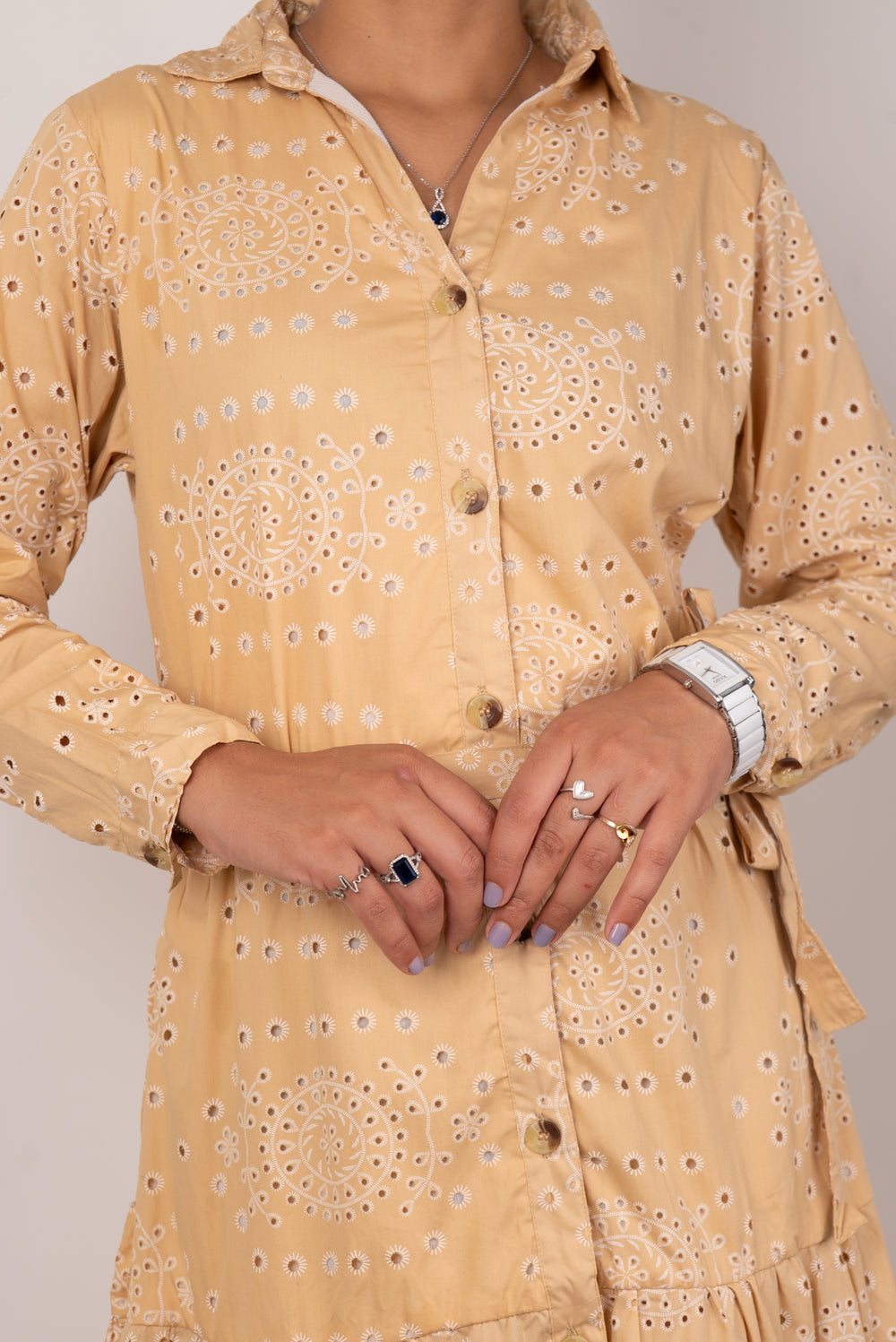 Sand Beige Eyelet Print Tiered Shirt Dress
