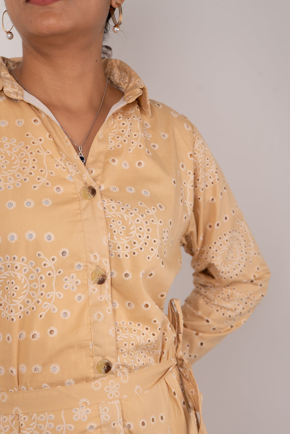 Sand Beige Eyelet Print Tiered Shirt Dress