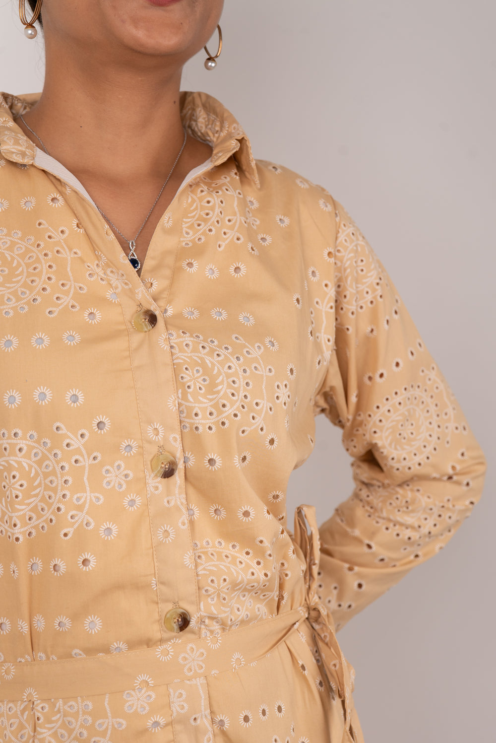 Sand Beige Eyelet Print Tiered Shirt Dress