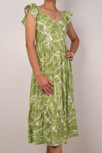 Green Tropical Leaf Print Ruffle-Sleeve Midi Dress
