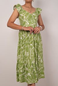 Green Tropical Leaf Print Ruffle-Sleeve Midi Dress