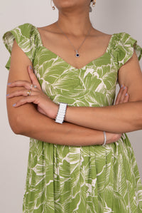 Green Tropical Leaf Print Ruffle-Sleeve Midi Dress