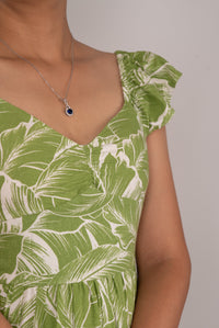 Green Tropical Leaf Print Ruffle-Sleeve Midi Dress