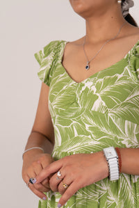 Green Tropical Leaf Print Ruffle-Sleeve Midi Dress