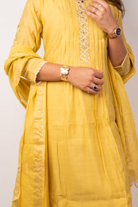 Mustard Pintuck Kurta Set with Mirror-Work Placket