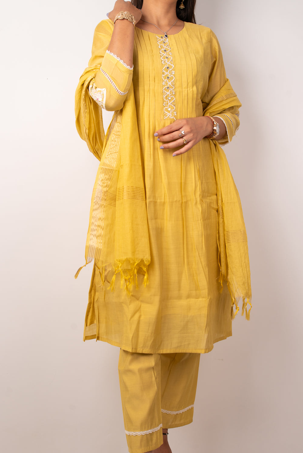Mustard Pintuck Kurta Set with Mirror-Work Placket
