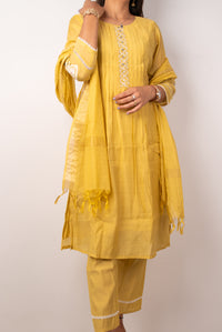 Mustard Pintuck Kurta Set with Mirror-Work Placket