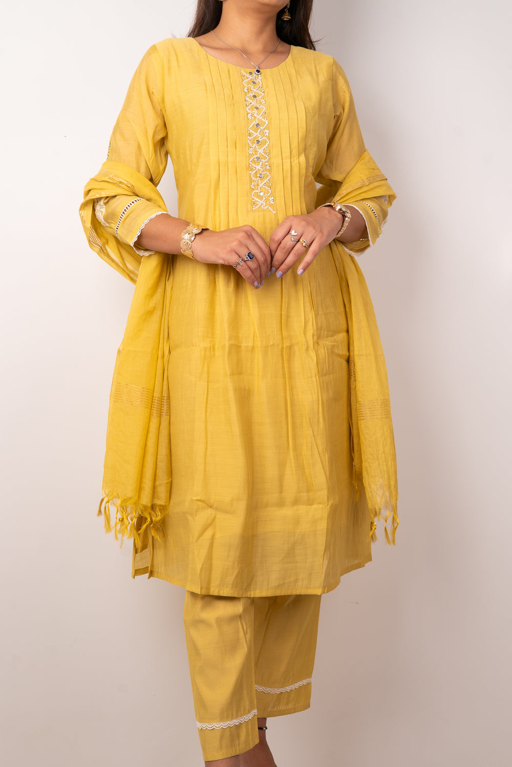 Mustard Pintuck Kurta Set with Mirror-Work Placket