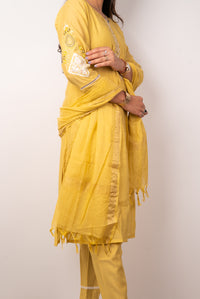 Mustard Pintuck Kurta Set with Mirror-Work Placket