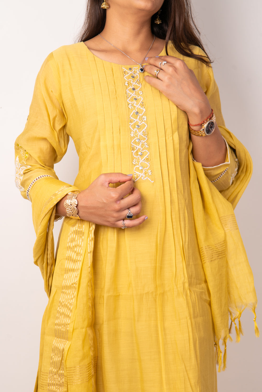 Mustard Pintuck Kurta Set with Mirror-Work Placket