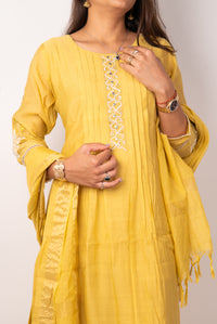 Mustard Pintuck Kurta Set with Mirror-Work Placket