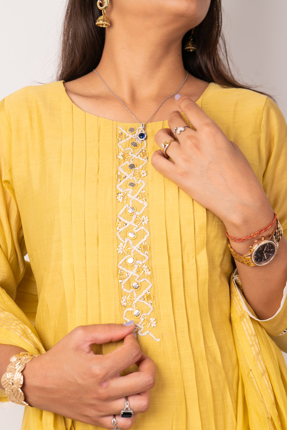 Mustard Pintuck Kurta Set with Mirror-Work Placket